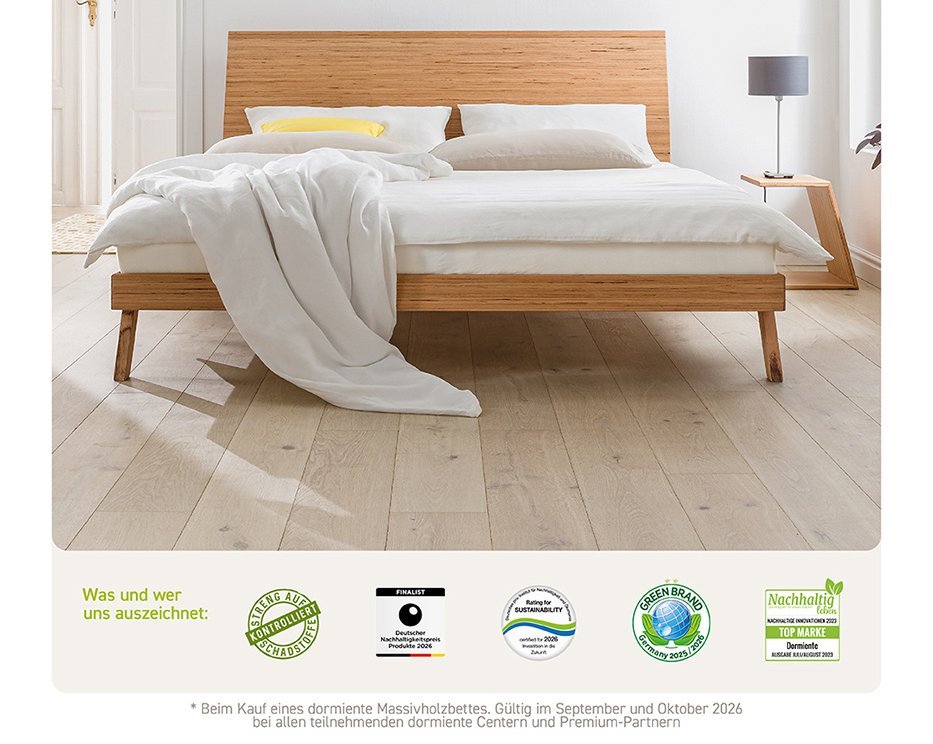 dormiente Aktion September/Oktober 2026 - 150€ sofort CashBack beim Kauf eines dormiente Massivholzbett.